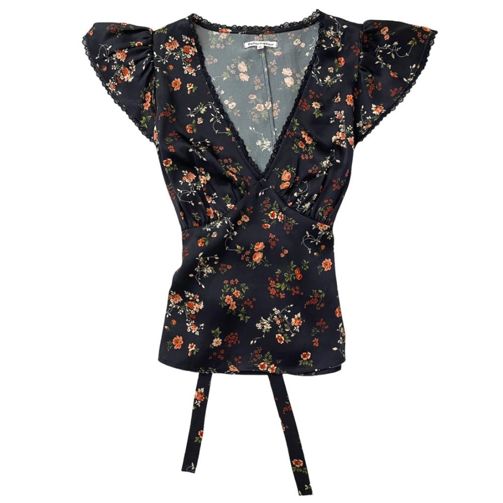 RARE Reformation Black Floral V-Neck Wrap Top
